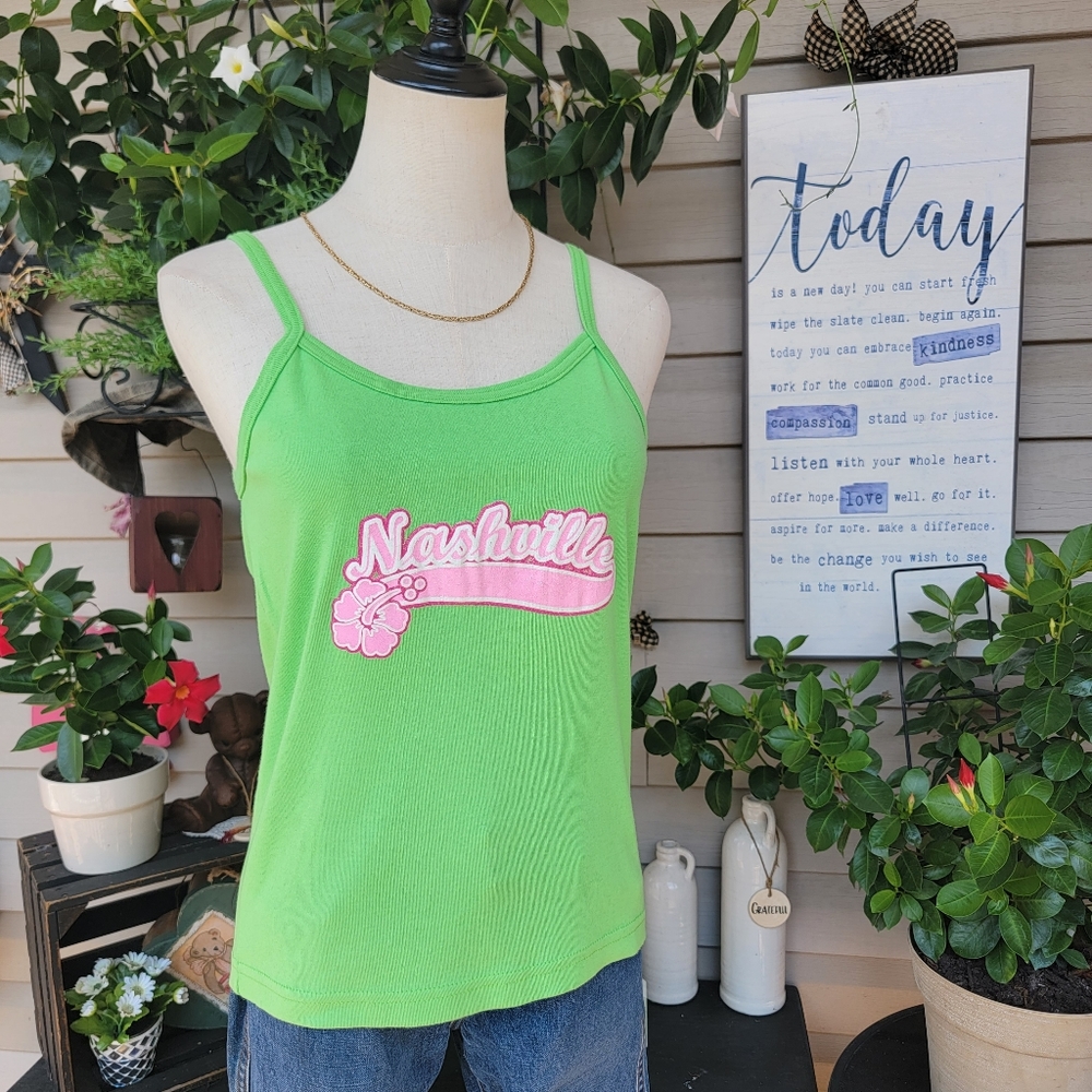 ASHLEY'S ♡ NWOT Thick Lime Green|Pink 'n White Shimmering NASHVILLE Tank Top XL